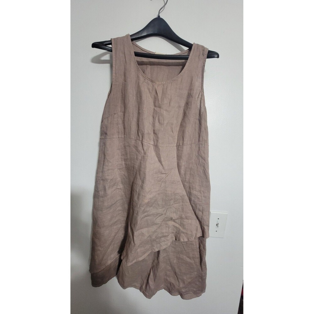 Ambra Dress Women SMALL Tan  100% Linen Made in Italy Asymmetrical Dress